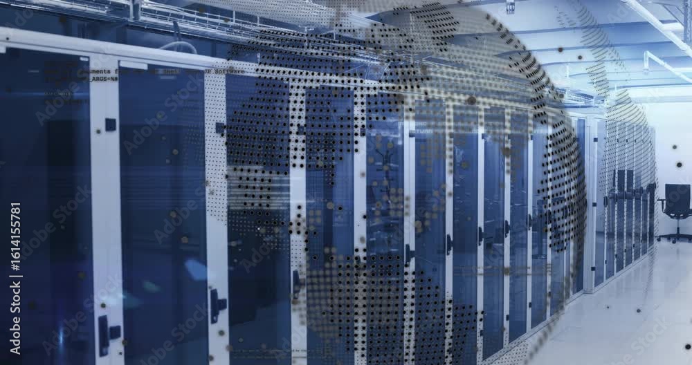 Poster overlayed globe fading in rotating across server racks showing code visualizing network flow