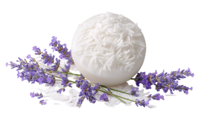 A white bath bomb with lavender sprigs isolated on transparent background