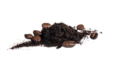 Pile of ground coffee with roasted coffee beans isolated on transparent background