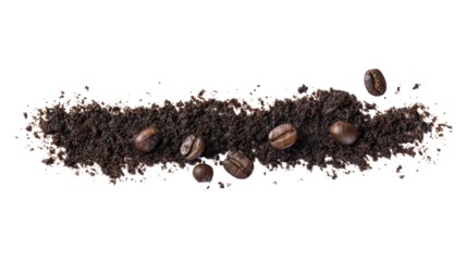 Scattered coffee beans and grounds isolated on transparent background