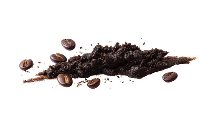 Pile of coffee grounds and beans isolated on transparent background