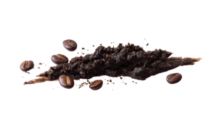 Pile of coffee grounds and beans isolated on transparent background