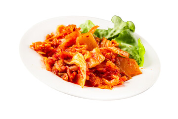 Kimchi pickled cabbage salad spicy savory vegetables fresh delicious gourmet food background on the table rustic food top view copy space vegetarian and vegan food