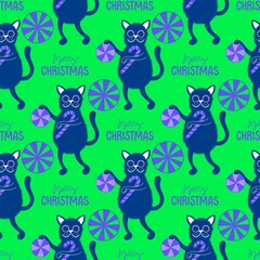 Cartoon funny cats seamless Christmas pattern for wrapping paper and kids clothes print and festive packaging