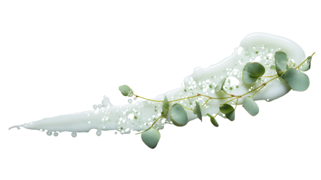 A swirl of white cosmetic cream with eucalyptus leaves and sparkles isolated on transparent background