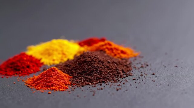 Colorful spice powders close up on dark background with cooking.