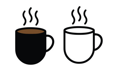 Hot Coffee Cup Icon Set – Black Filled and Outline Mugs with Rising Steam for Cafe, Beverage Menu, or Morning Drink Symbols