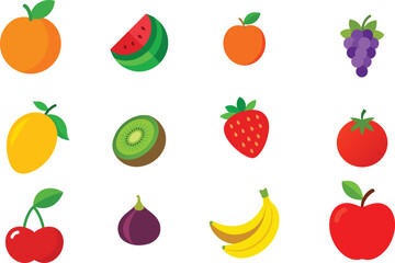 Set of Colorful fruits vector. Editable eps file illustration Apple, Bananas, Cherry, Fig, Grapes, Kiwi, mango, Nectarine, Orange, Strawberry, Tomato, Watermelon