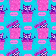 Cartoon funny cats seamless Christmas pattern for wrapping paper and kids clothes print and festive packaging