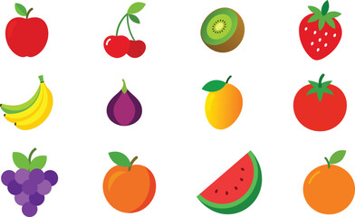 Set of Colorful fruits vector. Editable eps file illustration Apple, Bananas, Cherry, Fig, Grapes, Kiwi, mango, Nectarine, Orange, Strawberry, Tomato, Watermelon