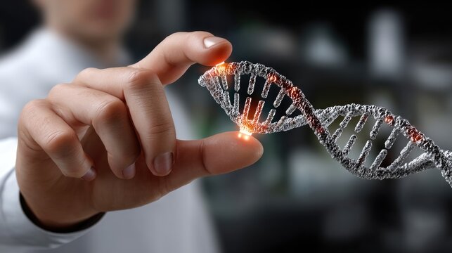 A scientist is carefully holding a glowing DNA strand, demonstrating groundbreaking innovation in genetic research. This work is crucial for future advancements in medicine and healthcare
