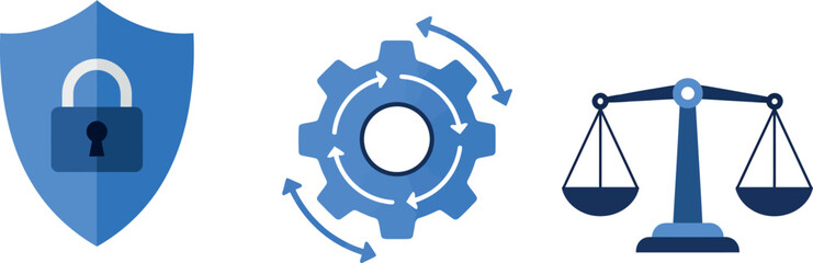 Obraz premium Cybersecurity protection, process automation, and balanced justice icons