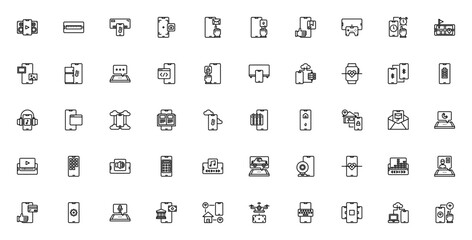 Smartphone technology icon set. Minimal vector icons pack. Includes speaker, camera, mail, bluetooth, calculator, drone, IoT, payment, cloud & more. Editable stroke.
