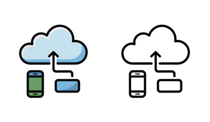 Obraz premium Cloud Upload Icon Set with Mobile Phone and Rectangle Data Source Connection Concept