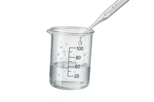 Lab beaker with liquid and pipette, science, transparent background