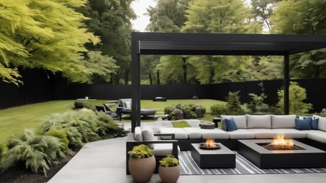Modern outdoor lounge with stylish furniture and a fireplace under a canopy surrounded by nature. 4k video