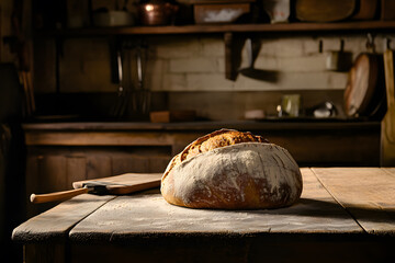 Fresh rustic sourdough bread on wooden table in vintage farmhouse kitchen