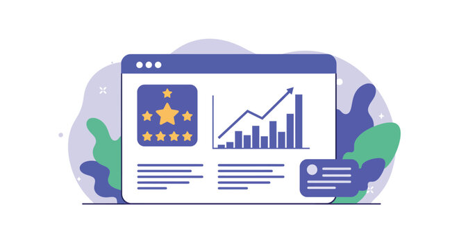 Analytical dashboard with growth chart and star ratings in modern flat design