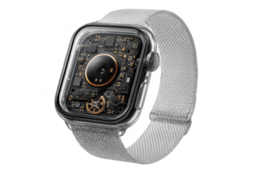 Sophisticated transparent smartwatch showcasing internal circuit board, isolated