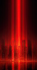 Red light beams illuminate cityscape at night, reflecting on water; remembrance art