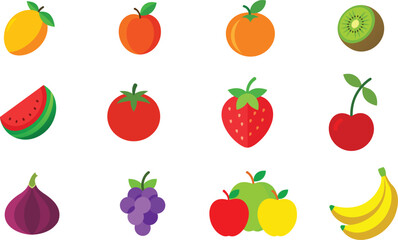 Set of Colorful fruits vector. Editable eps file illustration Apple, Bananas, Cherry, Fig, Grapes, Kiwi, mango, Nectarine, Orange, Strawberry, Tomato, Watermelon