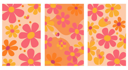 Retro Floral Pattern with Orange Pink and Yellow Flowers in Triptych