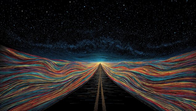 Colorful road trip under starry night sky, abstract art, desktop wallpaper