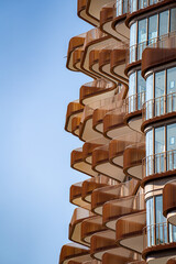 View of balconies on modern building exterior.