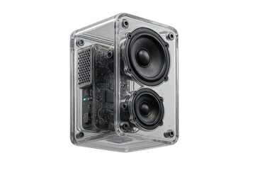 Obraz premium Transparent speaker revealing its internal components, isolated on a clean background