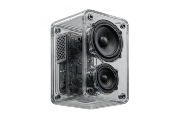 Transparent speaker revealing its internal components, isolated on a clean background