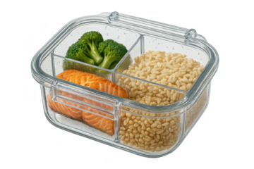 Nutritious salmon, broccoli, and rice in a glass meal prep container, isolated.