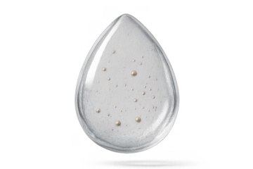 Clear liquid droplet with golden spheres isolated on transparent background