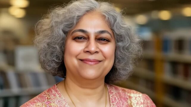 Smiling woman in library: warm encounter and vibrant atmosphere in progressive moments