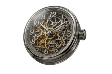 Detailed skeleton pocket watch, golden gears, isolated on transparent background.