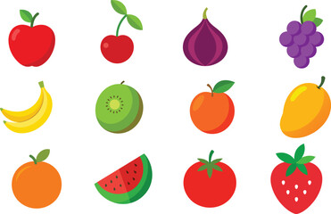 Set of Colorful fruits vector. Editable eps file illustration Apple, Bananas, Cherry, Fig, Grapes, Kiwi, mango, Nectarine, Orange, Strawberry, Tomato, Watermelon