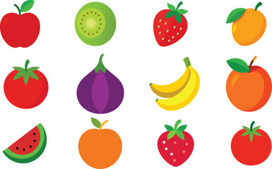 Set of Colorful fruits vector. Editable eps file illustration Apple, Bananas, Cherry, Fig, Grapes, Kiwi, mango, Nectarine, Orange, Strawberry, Tomato, Watermelon