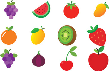 Set of Colorful fruits vector. Editable eps file illustration Apple, Bananas, Cherry, Fig, Grapes, Kiwi, mango, Nectarine, Orange, Strawberry, Tomato, Watermelon