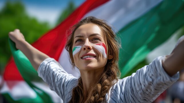 Happy young woman smiles brightly, waving large Hungary national flag. Her face bears proud red white green paint, celebrating Saint Stephen Day, Constitution Foundation.