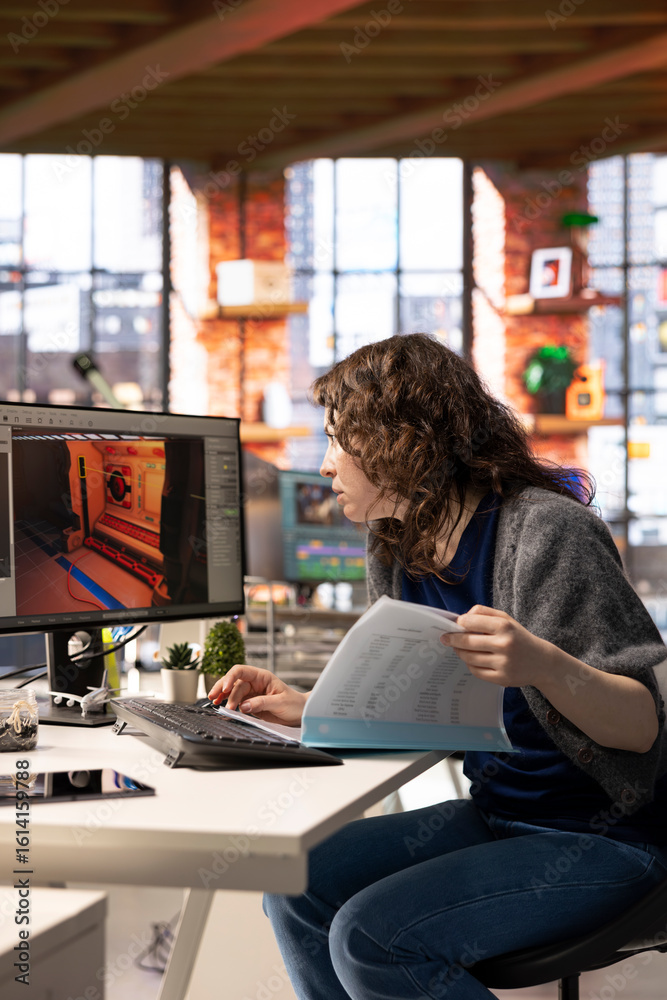 Poster female developer interacts with virtual ai assistant on pc to design a game hub, using automation an