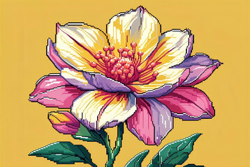 Yellow and Pink Hibiscus Pixel Art Illustration
