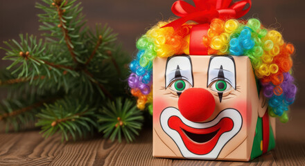 Naklejka premium Clown Themed Gift Box with Colorful Wig and Red Nose A Playful Present Decorated as a Clown Perfect for Children's Celebrations and Fun Occasions with Pine Branch