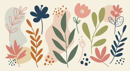 Abstract Floral Illustration with Botanical Elements in Muted Colors and Simple Shapes