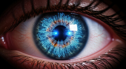 Cybernetic Vision A Close Up of a Human Eye Enhanced with Digital Circuitry Symbolizing the Fusion of Biology and Technology in a Futuristic World