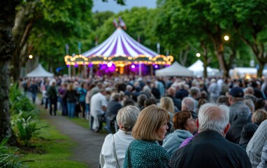 Fototapeta premium A vibrant crowd lines up in a park, eagerly awaiting their turn on a colorful carousel adorned with lights. The lively atmosphere reflects a joyful celebration, surrounded by greenery