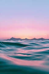 Gentle waves and mountain silhouette at pastel sunrise
