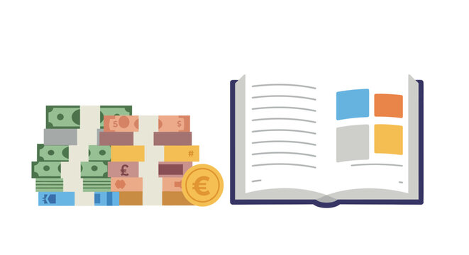 Flat design: financial literacy with currency and open book