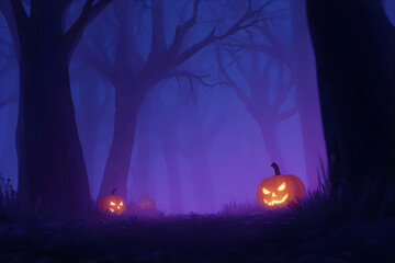 Jack o lantern pumpkins glowing in a dark spooky forest road on Halloween night. Mystical atmosphere Halloween horror.