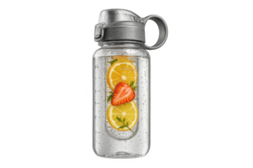 Infuser water bottle with fresh fruit slices, isolated on transparent background