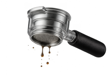 Bottomless coffee portafilter dripping espresso, isolated on transparent background