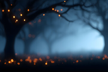 Abstract blurred bokeh orange light in dark spooky forest. Eerie night scene with glowing sparkles, mystery concept.